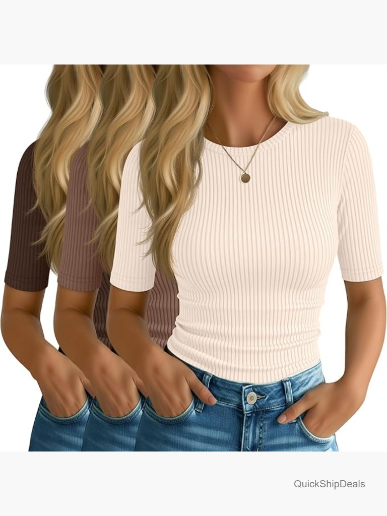 Cotton Spandex Ribbed Half Sleeve Crew Neck T-Shirt Slim Fit Casual